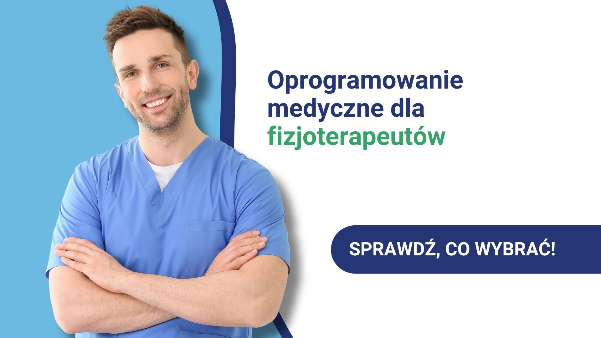 Uśmiechnięta osoba w kitlu przy reklamie oprogramowania medycznego dla fizjoterapeutów.