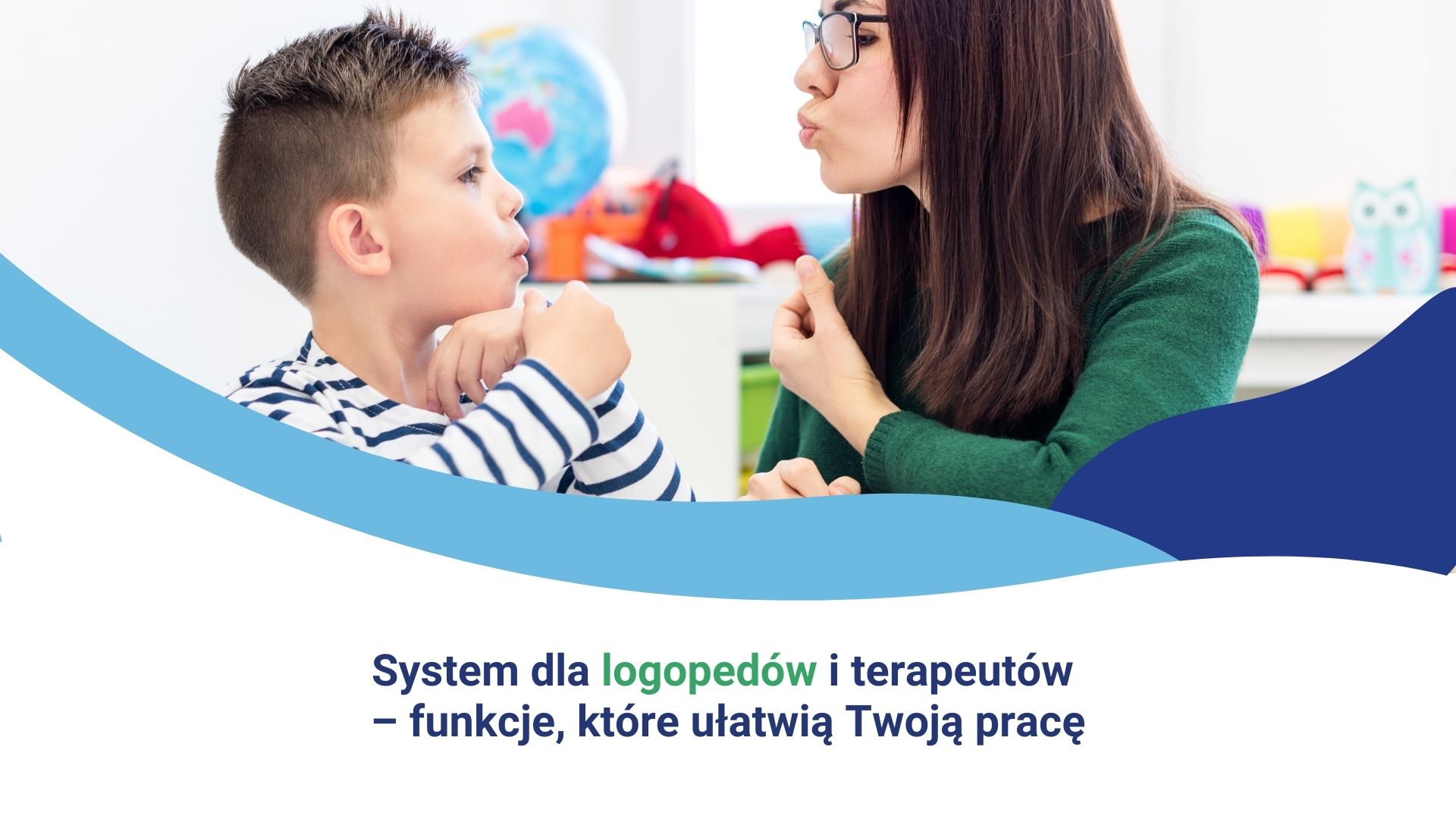Kobieta i dziecko zaangażowani w ćwiczenia logopedyczne w jasnym pomieszczeniu.